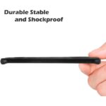 Side view of a black phone case held by a finger with the caption Durable Stable and Shockproof in the top left area