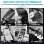 Grid showing six common USB board problems cant charge headphone problem voice not clear signal weak cant touch well cant transport data informational image