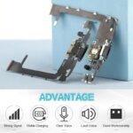 Disassembled smartphone motherboard pieces resting on a blue block with ADVANTAGE and five feature icons below strong signal to good workmanship
