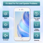 Infographic with a smartphone and six teal problem icons Noise Low Voice No Sound left Poor Sound Quality Volume Instability Distortion right title at top