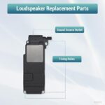 Diagram of a loudspeaker replacement part with labeled features sound source outlet and fixing holes shown on a light sky background for a repair guide