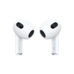 White wireless earbuds facing each other showing black mesh grills and translucent stems labeled L and R against a white background