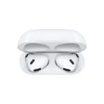 White wireless earbuds in a white charging case with the lid open showing two earbuds inside