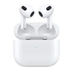 White wireless earbuds resting in an open charging case with a small green LED indicator visible on the front