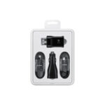Samsung car charger kit in white retail tray includes two USB charging cables and a car adapter for in car charging
