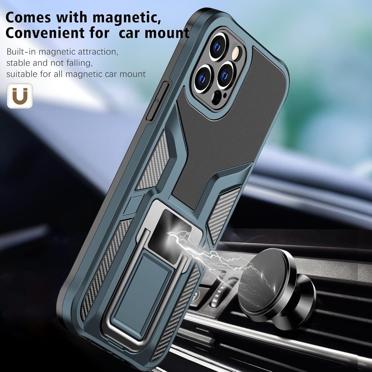 Phone in a rugged blue case mounted to a magnetic car vent mount illustrating hands free navigation in a car