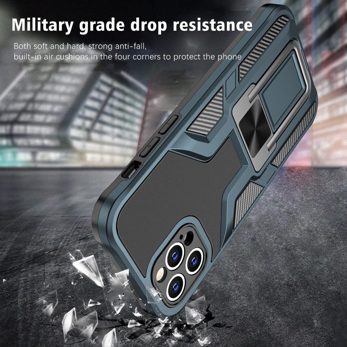 Rugged phone case with military grade drop resistance text showing built in air cushions for protection
