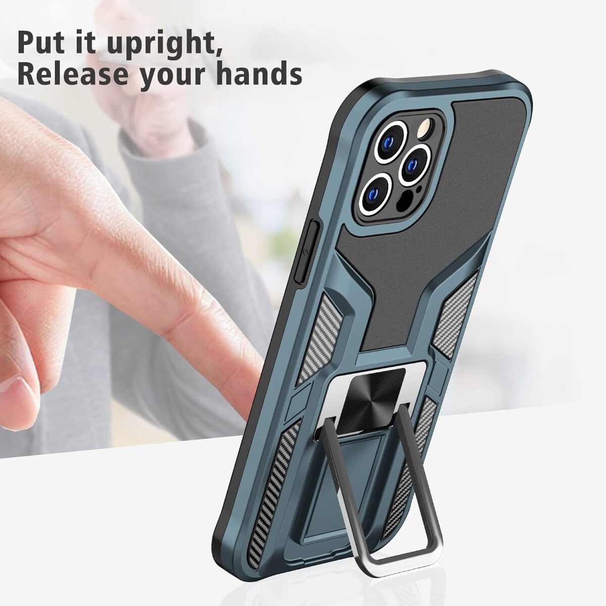 Rugged blue phone case with a built in kickstand shown upright for hands free use as a finger taps the screen text overlay visible