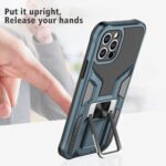 Rugged blue phone case with a built in kickstand shown upright for hands free use as a finger taps the screen text overlay visible