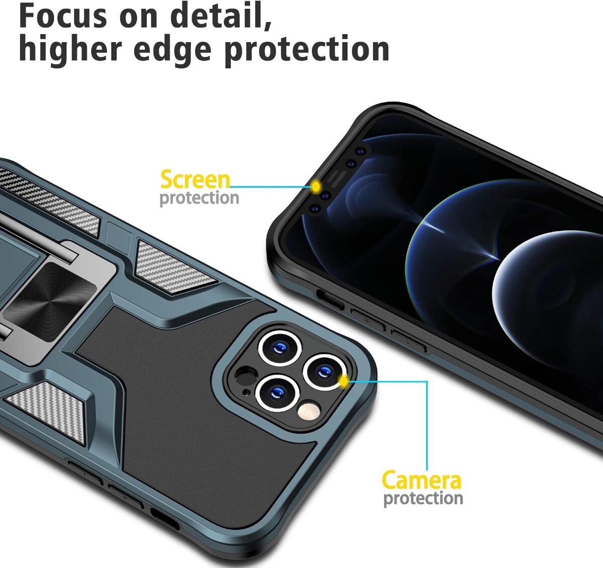 Rugged phone case highlighting screen and camera protection features