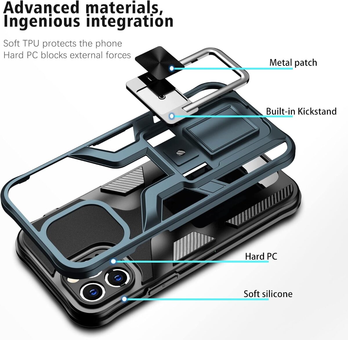 Exploded view of a phone case showing soft silicone outer layer hard PC frame metal patch and built in kickstand